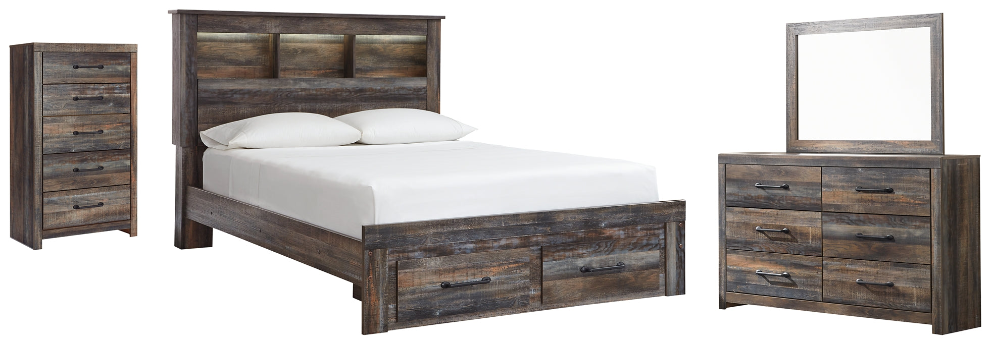 Drystan Bookcase Bed With 2 Storage Drawers With Mirrored Dresser And Chest