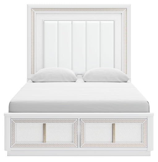 Chalanna Queen Upholstered Storage Bed with Mirrored Dresser and Chest
