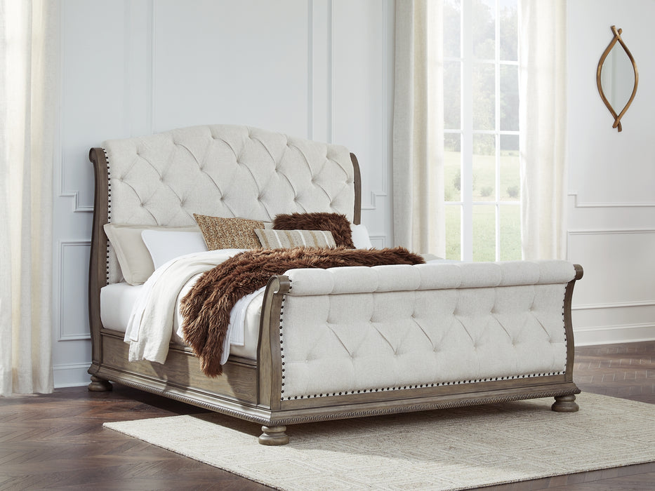 Ardenfield King Upholstered Sleigh Bed with Mirrored Dresser, Chest and Nightstand