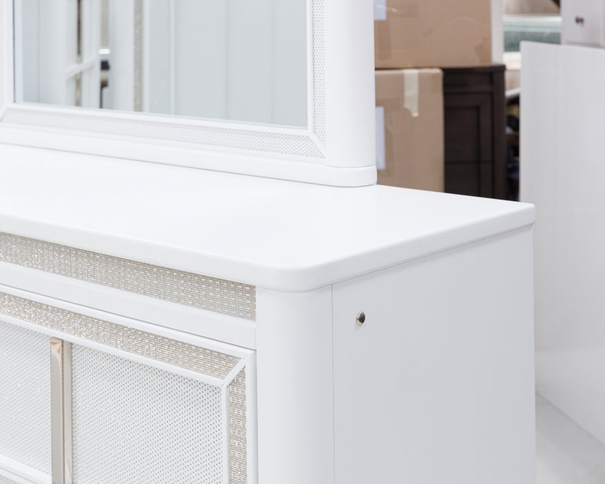 Chalanna California King Upholstered Storage Bed with Mirrored Dresser and Chest