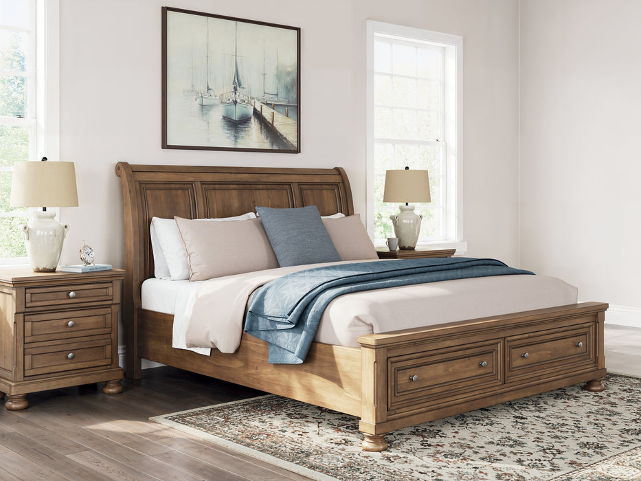 Feddinger California King Storage Sleigh Bed with Mirrored Dresser and Chest