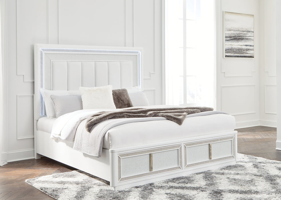 Chalanna King Upholstered Storage Bed with Mirrored Dresser and Chest