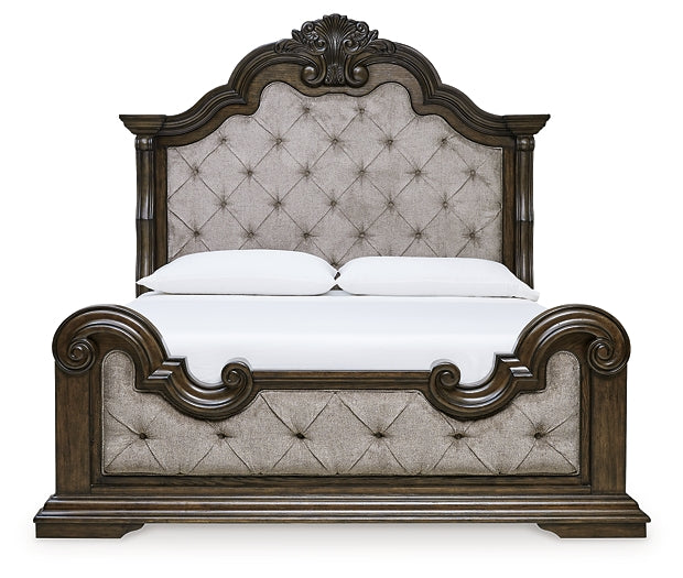 Maylee King Upholstered Bed with Mirrored Dresser and Chest