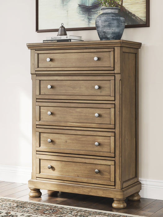 Feddinger King Storage Sleigh Bed with Mirrored Dresser, Chest and Nightstand