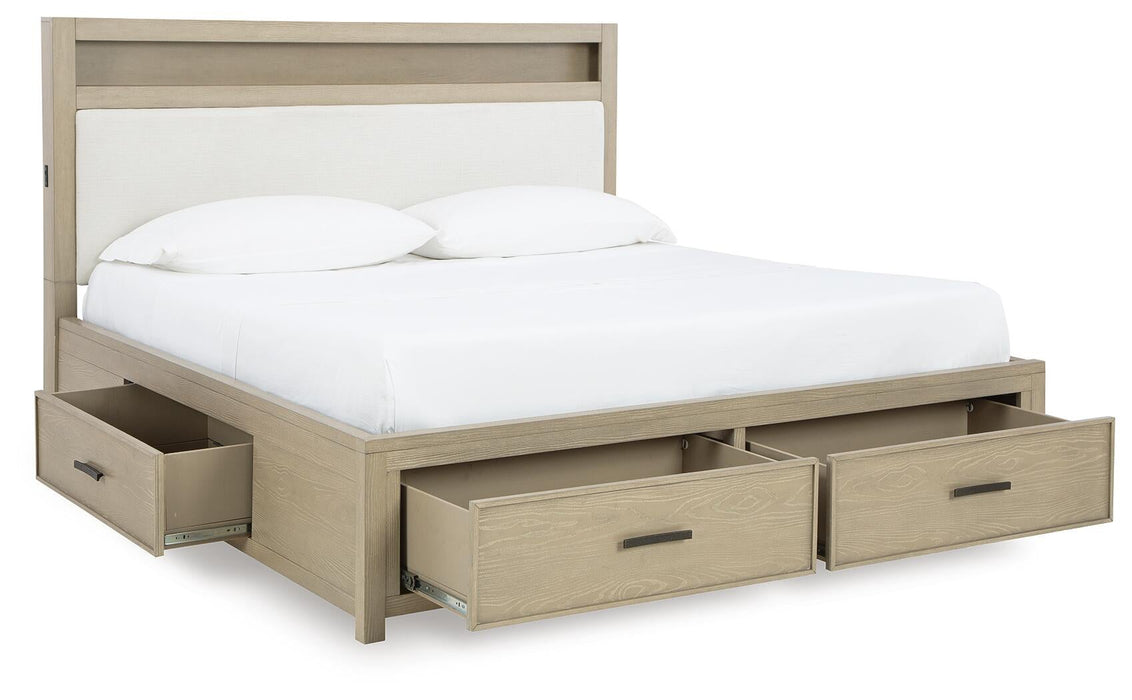 Calmoro Queen Bookcase Bed with Mirrored Dresser and Nightstand