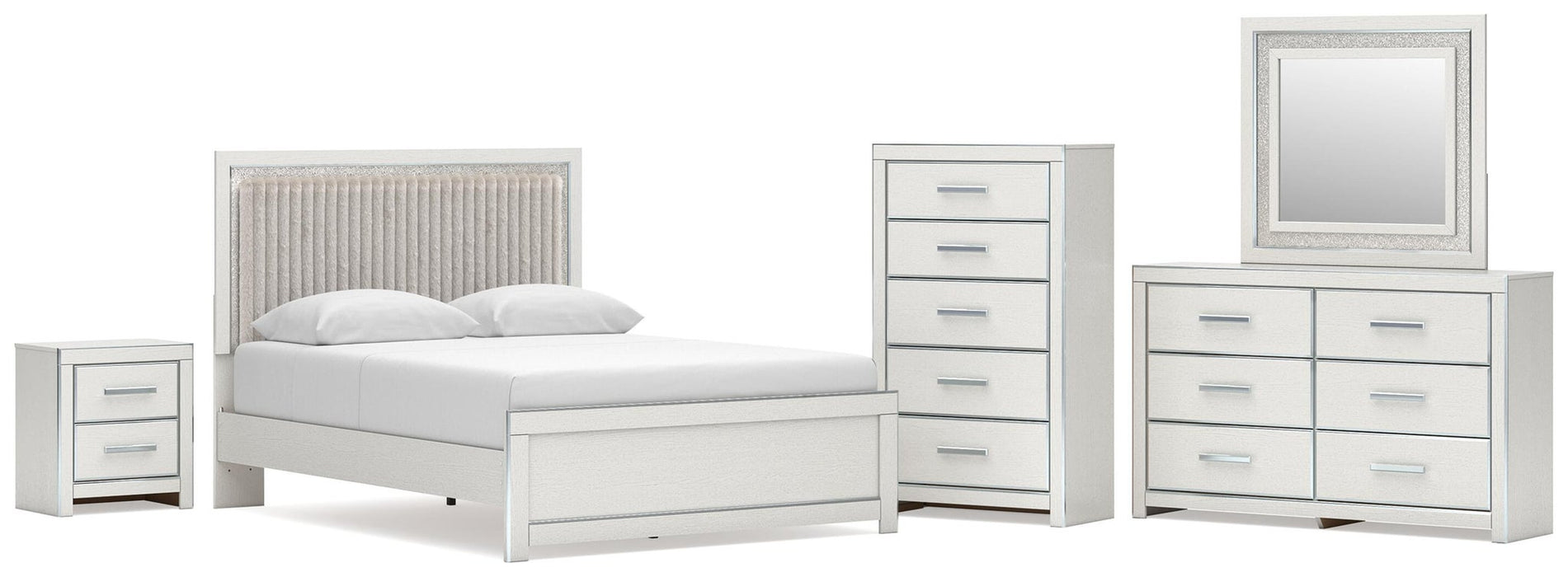 Zuraleus Queen Upholstered Panel Platform Bed, Dresser, Mirror, Chest and Nightstand